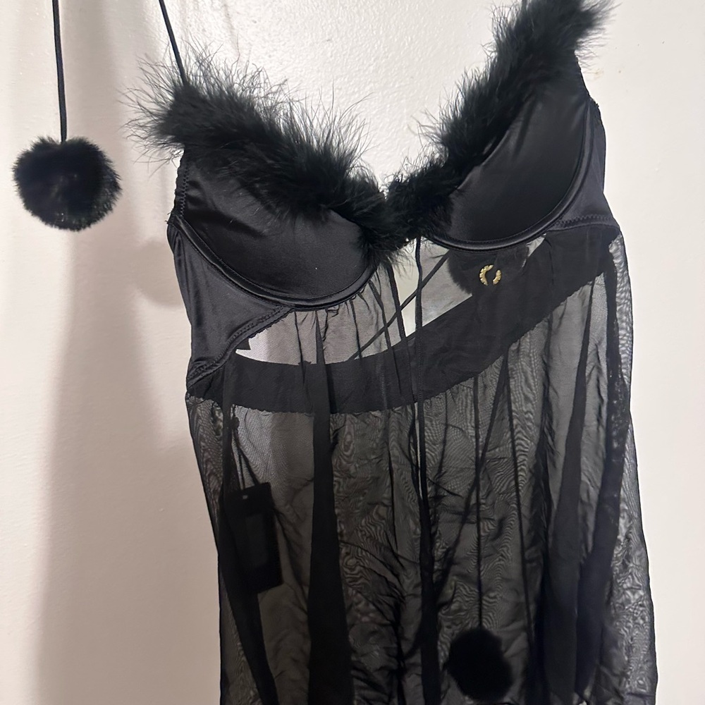 Elegant Black Sheer Lingerie with Fur Trim